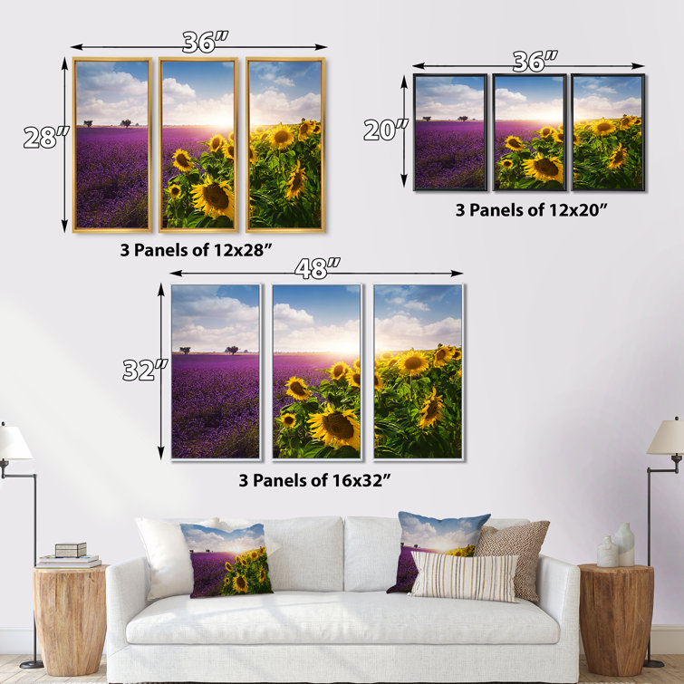 Gracie Oaks Lavender And Sunflower Fields Framed On Canvas 3 Pieces